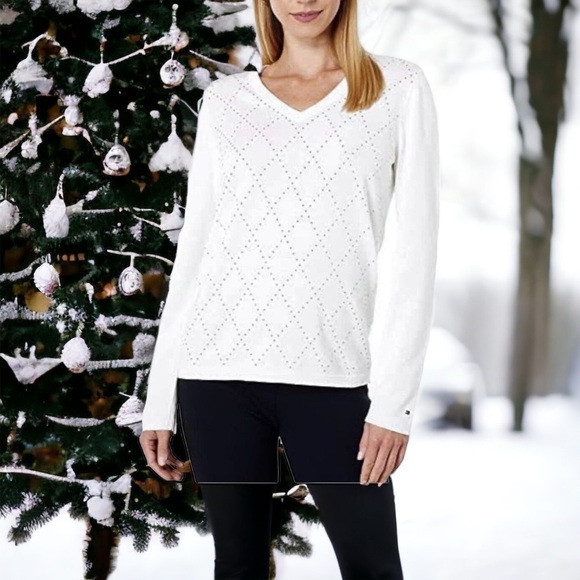 Tommy Hilfiger Gold Studded Argyle White Sweater Logo V-neck Women’s S ACADEMIA - Picture 12 of 12